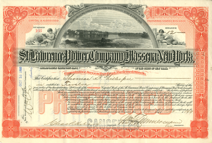 St. Lawrence Power Co. of Massena, New York - Stock Certificate